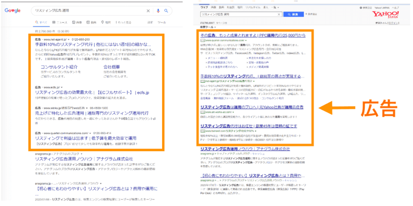 検索画面上のリスティング広告